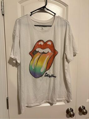 the Rolling Stones White Tee with Rainbow Tongue Graphic